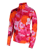 A women's 1/4 zip base layer with a floral print in Pink, white and orange colors.