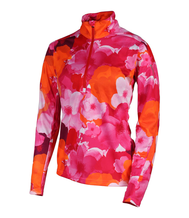A women's 1/4 zip base layer with a floral print in Pink, white and orange colors.