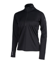 A black women's 1/4 zip base layer with a black zip and reflective logo on the left sleeve.