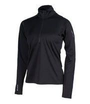 A black women's 1/4 zip base layer with a black zip and reflective logo on the left sleeve.