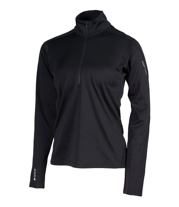A black women's 1/4 zip base layer with a black zip and reflective logo on the left sleeve.