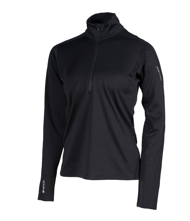 A black women's 1/4 zip base layer with a black zip and reflective logo on the left sleeve.