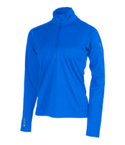 A blue women's 1/4 zip base layer with a black zip and reflective logo on the left sleeve.