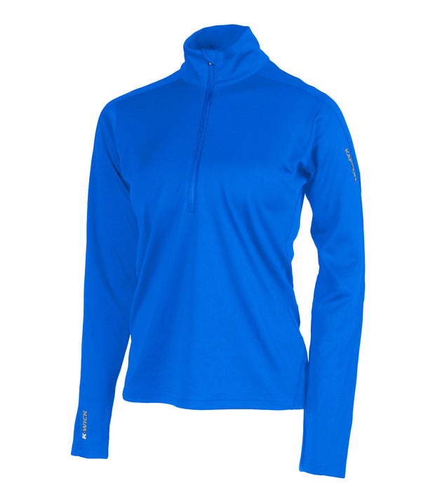 A blue women's 1/4 zip base layer with a black zip and reflective logo on the left sleeve.