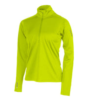 A women's green 1/4 zip base layer with a black zip and reflective logo on the left sleeve.