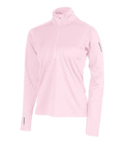 A women's pink 1/4 zip base layer with a black zip and reflective logo on the left sleeve.