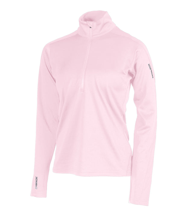 A women's pink 1/4 zip base layer with a black zip and reflective logo on the left sleeve.