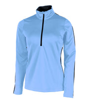 A light blue women's 1/4 zip base layer with a black zip and black accents on the sleeves and side of the waist.