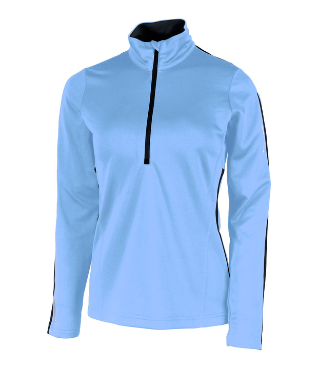 A light blue women's 1/4 zip base layer with a black zip and black accents on the sleeves and side of the waist.
