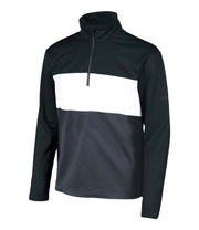 A boys' 1/4 zip base layer in black, white and dark grey with a logo on the left sleeve.