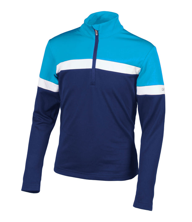 A girls' 1/4 zip base layer in blue, navy blue, and white colors.