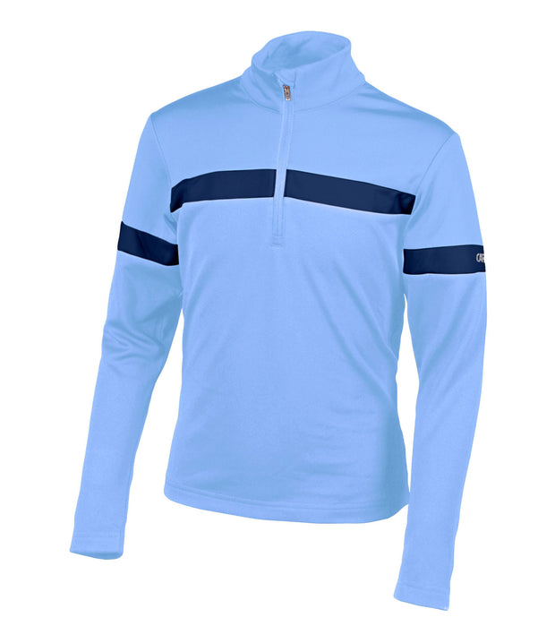 A girls' 1/4 zip base layer in light blue and navy blue colors.