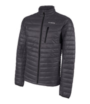 A men's grey light puffer jacket with black zippers and a chest pocket.