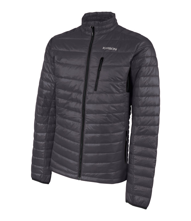 A men's grey light puffer jacket with black zippers and a chest pocket.