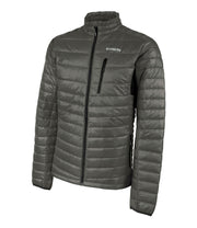 A men's green light puffer jacket with black zippers and a chest pocket.