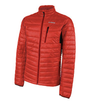 A men's red light puffer jacket with black zippers and a chest pocket.
