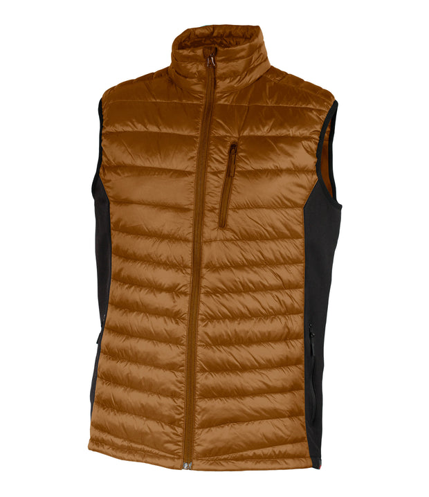 A mens' brown light puffer vest featuring a front zip closure, zippered chest pocket, and two side zip pockets, with softstretch side panels.