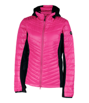 A women's pink yellow light weight puffer featuring a front zip closure, integrated hood and two side zip pockets, with softstretch side panels.