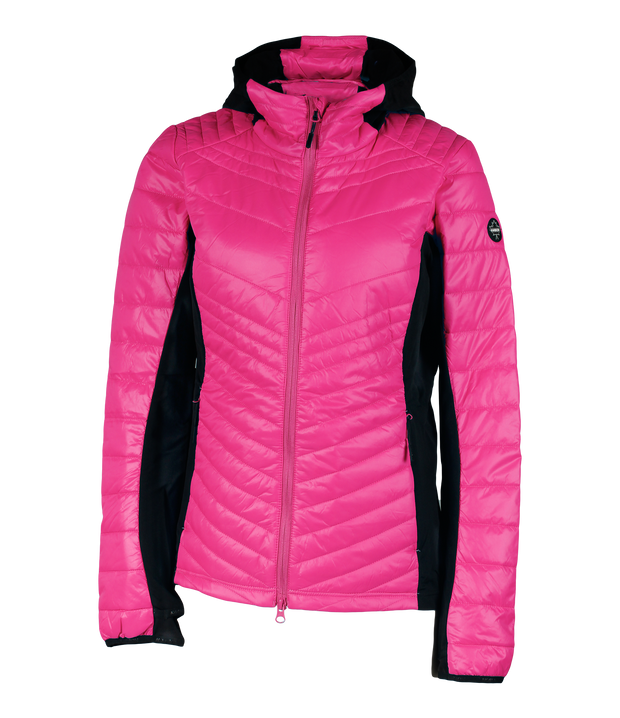 A women's pink yellow light weight puffer featuring a front zip closure, integrated hood and two side zip pockets, with softstretch side panels.