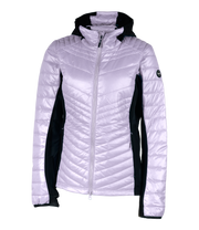 A women's golden light purple light weight puffer featuring a front zip closure, integrated hood and two side zip pockets, with softstretch side panels.