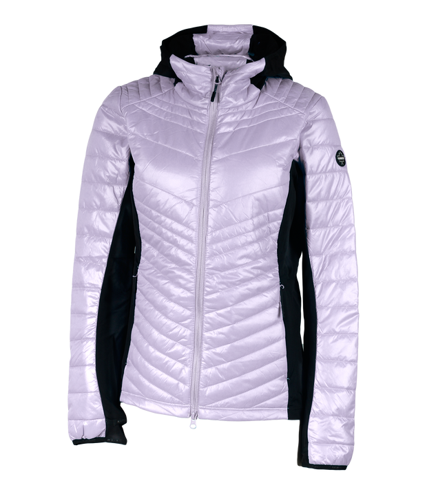 A women's golden light purple light weight puffer featuring a front zip closure, integrated hood and two side zip pockets, with softstretch side panels.