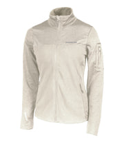 A women's beige colour full front zip sweater with contrast texture accent panels, a logo on the chest, and a sleeve pocket on the left arm.