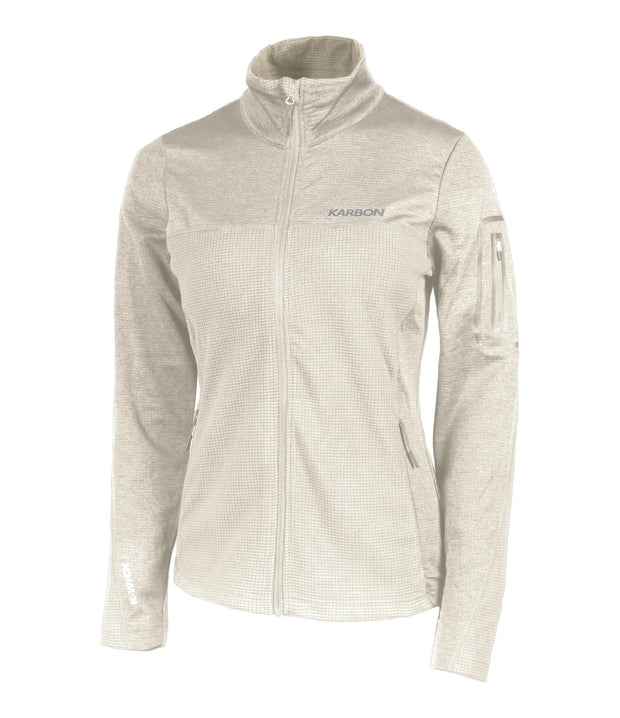 A women's beige colour full front zip sweater with contrast texture accent panels, a logo on the chest, and a sleeve pocket on the left arm.