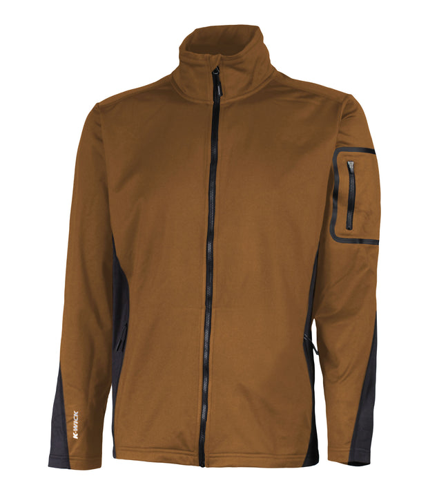 Men's brown full zip base layer with a pocket on the left sleeve.