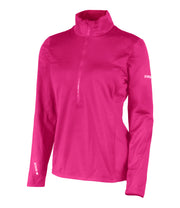 Pink long-sleeve athletic top with a brand logo on a white background