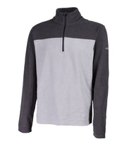 Men's dark grey and light grey 1/4 zip pullover base layer with a t-neck and black main zipper, embroidered with a logo on the left sleeve.