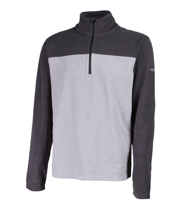 Men's dark grey and light grey 1/4 zip pullover base layer with a t-neck and black main zipper, embroidered with a logo on the left sleeve.