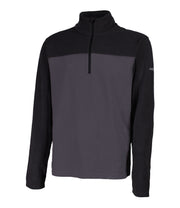 Men's black and grey 1/4 zip pullover base layer with a t-neck and black main zipper, embroidered with a logo on the left sleeve.