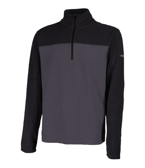 Men's black and grey 1/4 zip pullover base layer with a t-neck and black main zipper, embroidered with a logo on the left sleeve.