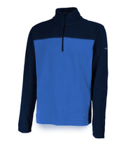 Men's navy blue and blue 1/4 zip pullover base layer with a t-neck and navy blue main zipper, embroidered with a logo on the left sleeve.