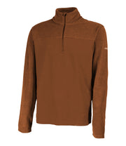 Men's brown 1/4 zip pullover base layer with a t-neck and brown main zipper, embroidered with a logo on the left sleeve.