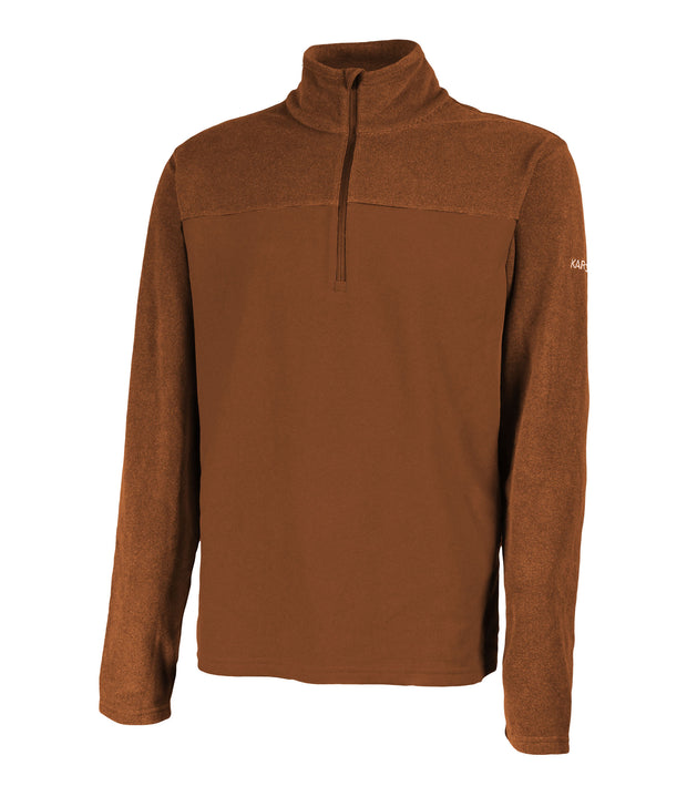 Men's brown 1/4 zip pullover base layer with a t-neck and brown main zipper, embroidered with a logo on the left sleeve.