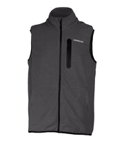 A dark grey fleece vest featuring a front zip closure, zippered chest pocket, and two side pockets.