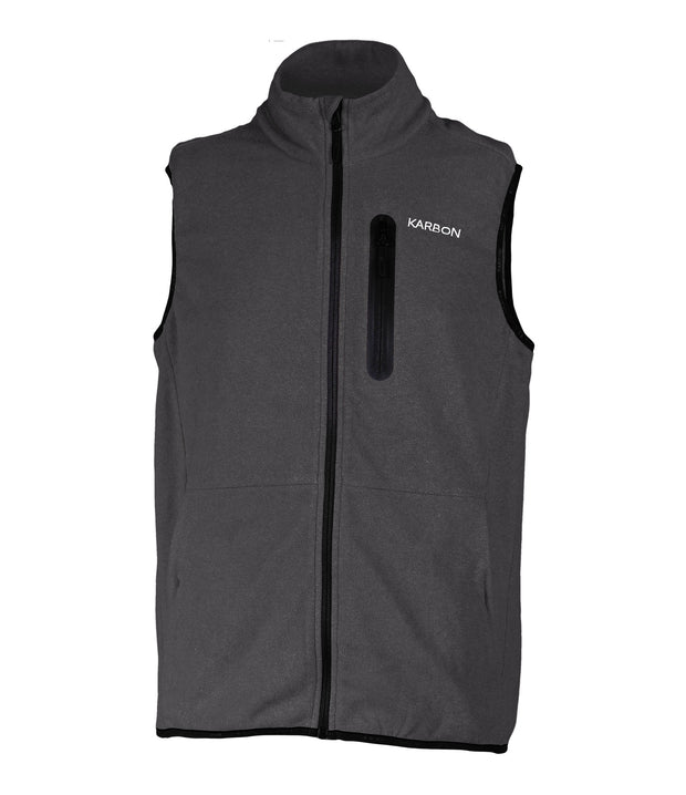 A dark grey fleece vest featuring a front zip closure, zippered chest pocket, and two side pockets.