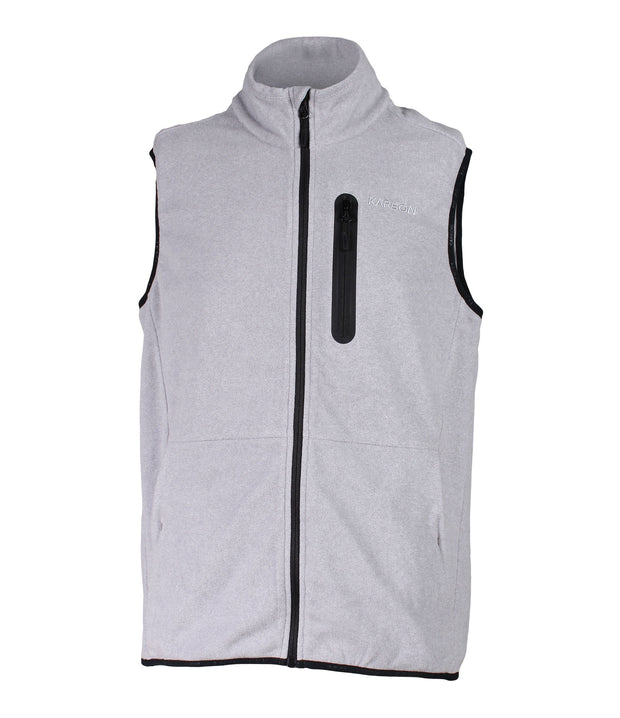 A grey fleece vest featuring a front zip closure, zippered chest pocket, and two side pockets.