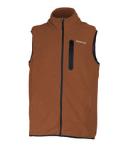 A brown fleece vest featuring a front zip closure, zippered chest pocket, and two side pockets.