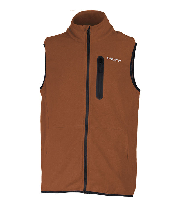 A brown fleece vest featuring a front zip closure, zippered chest pocket, and two side pockets.