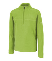 A kids' green 1/4 zip pullover base layer with a t-neck and green main zipper, embroidered with a logo on the left sleeve.