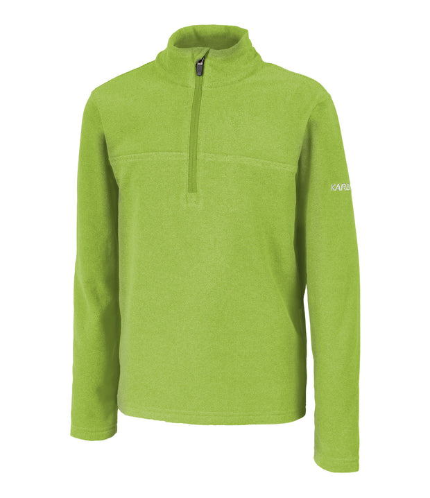 A kids' green 1/4 zip pullover base layer with a t-neck and green main zipper, embroidered with a logo on the left sleeve.