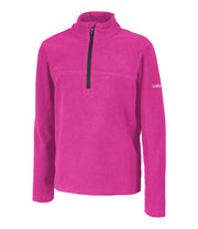 A kids' pink 1/4 zip pullover base layer with a t-neck and contrast main zipper, embroidered with a logo on the left sleeve.