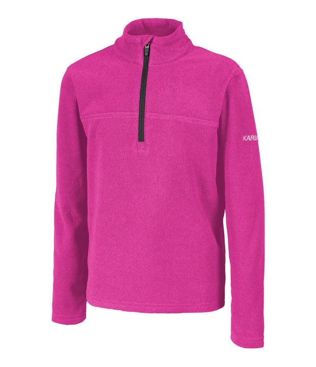 A kids' pink 1/4 zip pullover base layer with a t-neck and contrast main zipper, embroidered with a logo on the left sleeve.