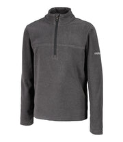 A kids' dark grey 1/4 zip pullover base layer with a t-neck and dark grey main zipper, embroidered with a logo on the left sleeve.