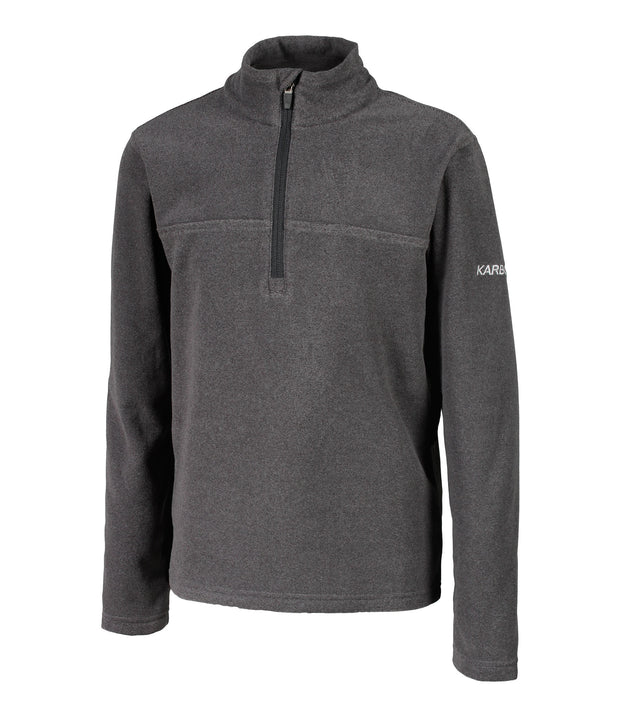 A kids' dark grey 1/4 zip pullover base layer with a t-neck and dark grey main zipper, embroidered with a logo on the left sleeve.