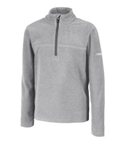 A kids' light grey 1/4 zip pullover base layer with a t-neck and dark grey main zipper, embroidered with a logo on the left sleeve.