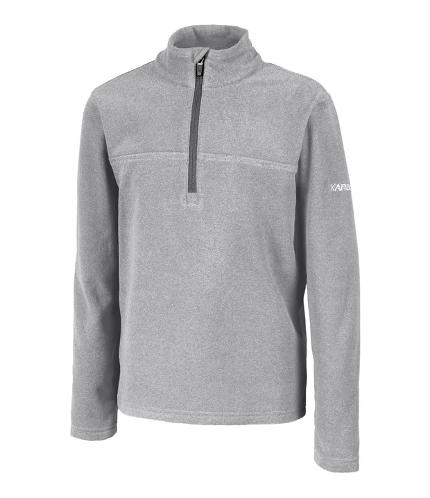 A kids' light grey 1/4 zip pullover base layer with a t-neck and dark grey main zipper, embroidered with a logo on the left sleeve.