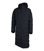 A black long puffer coat featuring a front zip closure, a zippered pocket near left wrist, and two side zip pockets, with an adjustable hood.